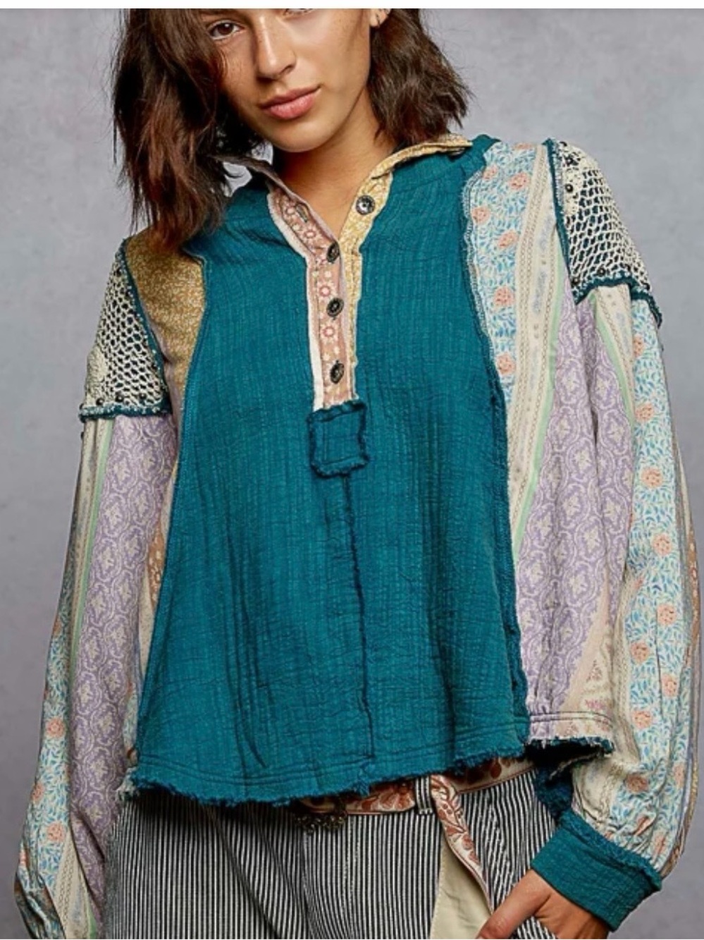 POL Boutique Hooded Gauze Top Small Patchwork Boho Crochet Henley